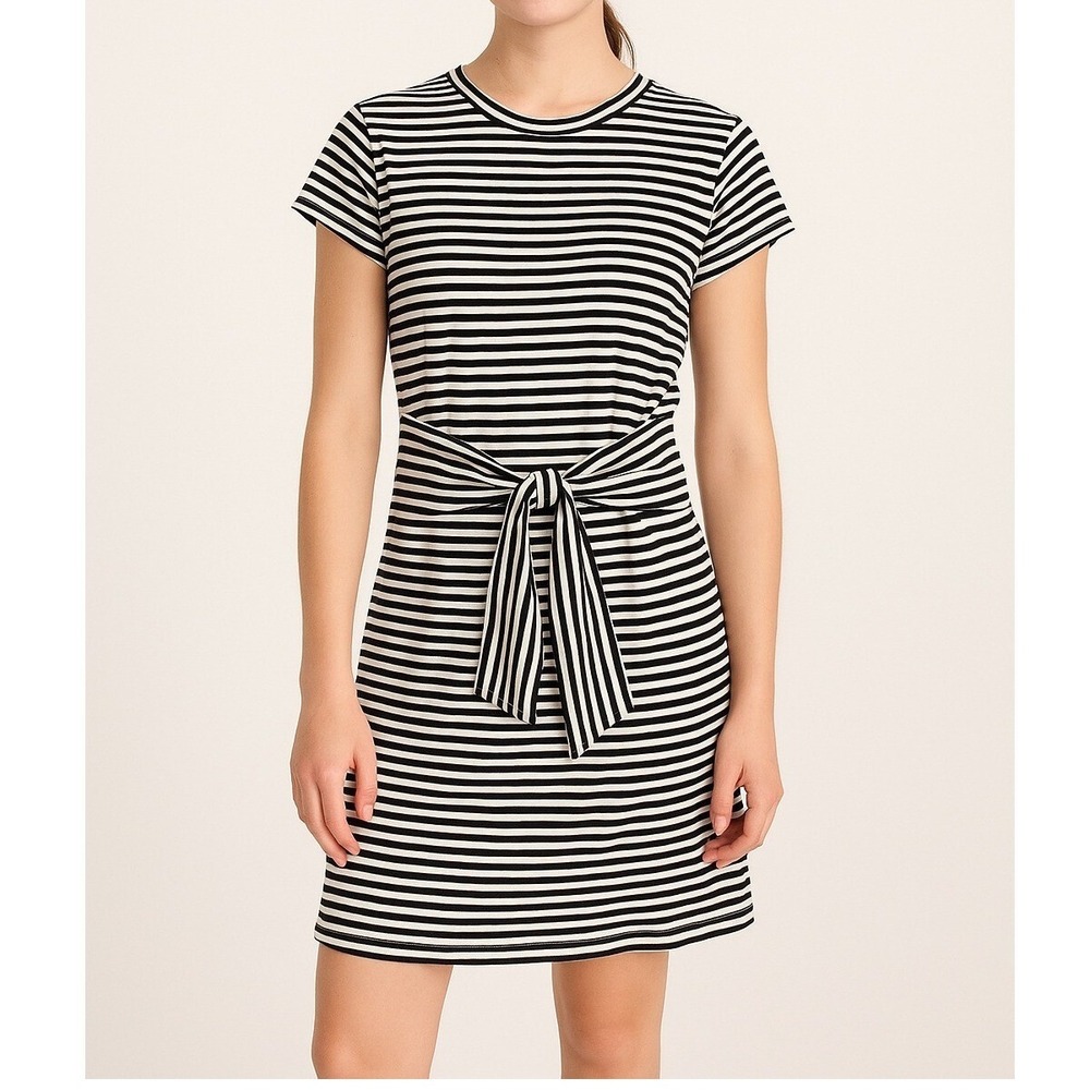 J.Crew Striped T-Shirt Dress with‎ Tie Waist Casual Black White Size Small